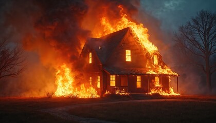 House burns intensely with thick smoke rising from windows and roof. Flames engulf the structure in a chaotic scene. Trees and dark sky surround the blazing home during nighttime.