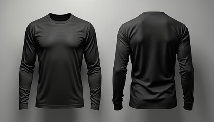 Black long sleeve shirt mock up shown front and back. Plain basic tee great for custom print design or branding needs. Simple apparel on light gray backdrop.