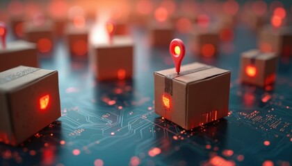 Digital map pins mark cardboard boxes on circuit board. Boxes glow with red lights, showing tech based logistics, shipment tracking, and global supply chain operations.