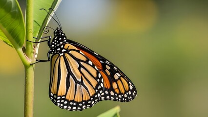 A monarch butterfly rests on a leaf in a lush green environment viewed from a close-up perspective