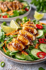 Grilled teriyaki chicken bites with sesame seeds on mixed greens, cucumber, shredded carrots and red chili, garnished with lime wedges for a fresh, healthy meal