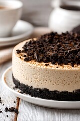 Coffee flavored cheesecake with chocolate cookie crust and crumbled topping, a delicious dessert