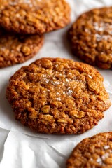 Oatmeal cookies topped with flaky sea salt, a close up on parchment paper. Freshly baked sweet treats