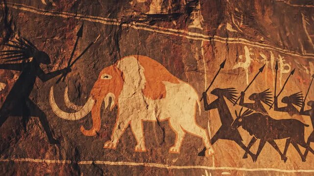Caveman hunting mammoths and deer.