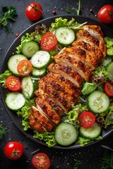 Chicken breast, perfectly grilled and sliced, served over a bed of green lettuce, cucumber, and colorful cherry tomatoes