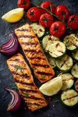 Grilled salmon fillets with fresh lemon, roasted zucchini, cherry tomatoes, and red onion, representing healthy eating and balanced diet