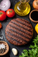 Plant based grilled burger patty with olive oil, fresh tomatoes, red onion, garlic, parsley, and spices ready for cooking