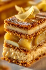Mille feuille dessert with layered puff pastry, apple filling, vanilla cream, and dusted sugar