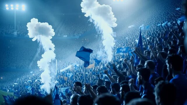 A sea of supporters waves flags through smoke as fireworks flare above the pitch, illustrating massive fan culture, unforgettable choreography, and the emotional heartbeat of sport.
