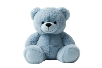 Cute blue teddy bear in soft pastel color with gentle expression on white background for childrens toy advertising isolated on transparent background
