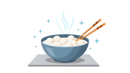A steaming bowl of dumplings with chopsticks on a plate on transparent background