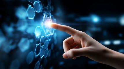 Side view of hand pointing finger at blue technology screen faceless, geometrical shapes display, digital interaction, technology interface, defocused background, with copy space
