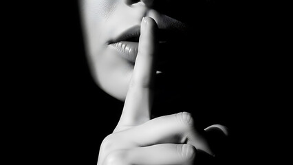 Close-up of woman making silence gesture in dramatic lighting
