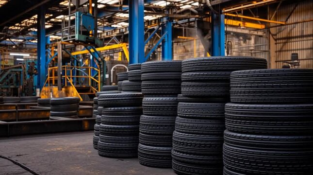 Industrial Tire Manufacturing Facility Footage: Stacked Tires and Machinery