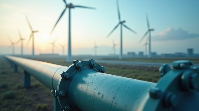 A hydrogen pipeline with wind turbines and in the background. Green hydrogen production concept 
