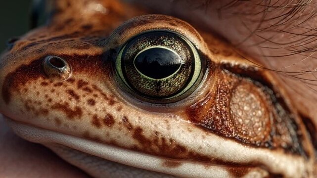 Detailed macro shot of a frog's eye, highlighting the intricate patterns and textures of its skin, a captivating close-up of amphibian wildlife