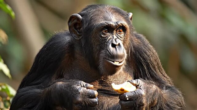 Chimpanzee eating fruit in forest habitat.