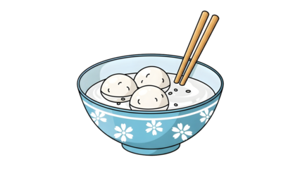 A blue bowl of dumplings in broth with chopsticks on the side on a transparent background