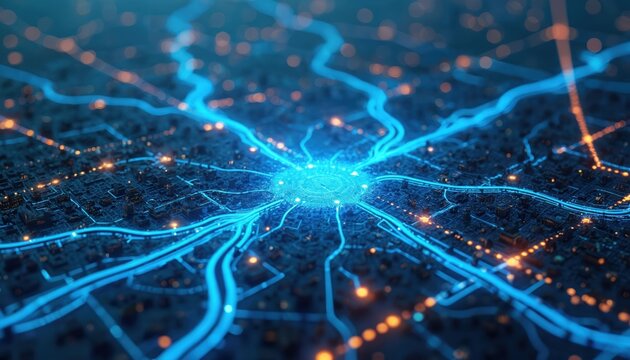 Abstract glowing blue network lines spread across dark city grid. Connected data paths and energy flow illuminate urban infrastructure. Digital transportation system concept.