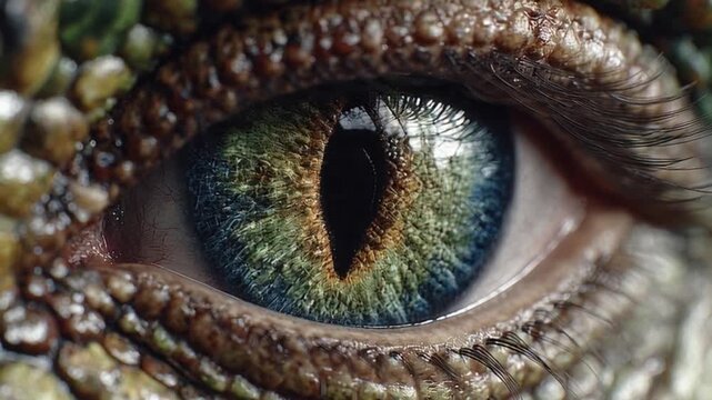 Intense and detailed close-up of a vibrant reptilian eye, showcasing the intricate texture of scales and the captivating gaze of a mysterious, wild creature