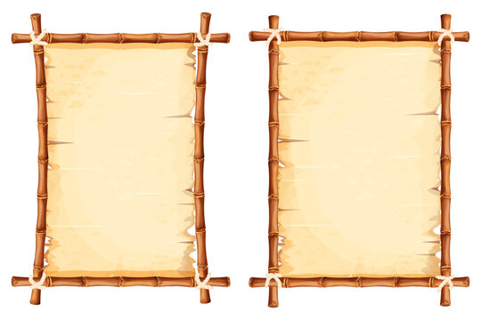 Set Bamboo frames with old parchment paper decorated with rope isolated on white background. Game ui board, sign