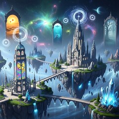 Obraz premium Celestial kingdom of floating castles and cosmic portals.