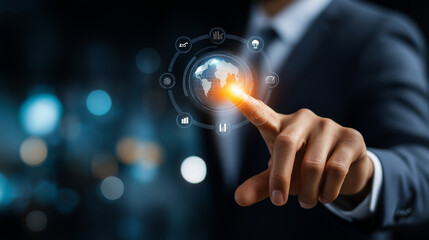 Business professional hand interacting with holographic interface faceless, filled with digital business elements, virtual technology concept, corporate innovation, defocused backg