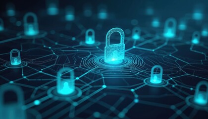 Glowing digital locks form secure network connections across dark background. Technology shows data safety and online protection. Cyber security concept with blue glowing network.