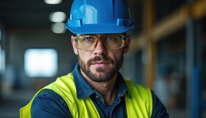Man in blue hard hat and yellow vest wears safety glasses. Bearded male worker has serious face. He is on factory floor, ready for industrial job. Pro, expert look. Close up portrait.