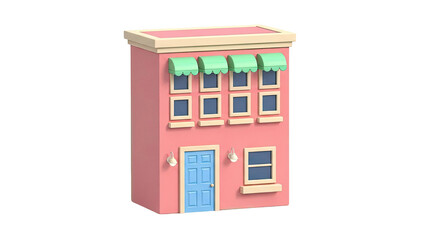 3D Cute 3D pink building with green awnings and blue door on transparent background
