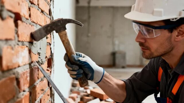 Construction worker carefully chiseling mortar from a brick wall during safe demolition of a nonloadbearing interior barrier.