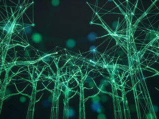 Glowing green neural network connections in dark background