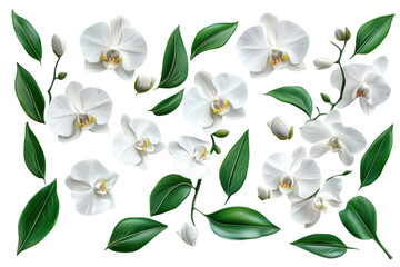 White orchid flowers with green leaves botanical illustration set isolated on Transparent Background