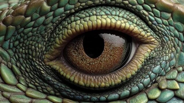 Macro shot captures the intricate detail of a reptile's eye, showcasing vibrant green and brown scales and a captivating amber gaze, a window into wild nature