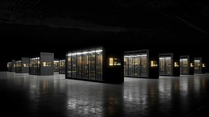 Data Center Servers in Rows with Glowing Lights Against Black Background