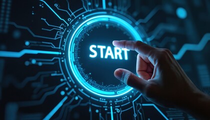 Human finger touches glowing blue start button on futuristic digital interface. New journey begins with technology click. Virtual cyber space connection made.