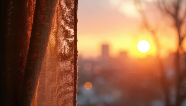 Orange burlap curtain frames sunset cityscape with blurred buildings and bright sun. Warm light filters through fabric, creating cozy indoor atmosphere, calm evening view from window.