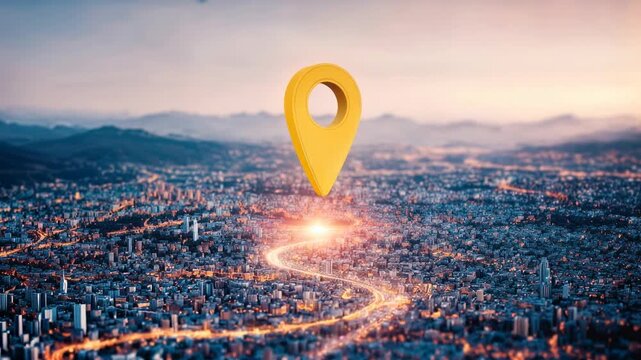 City navigation marker glowing above a river  smart location services and futuristic urban mobility concept