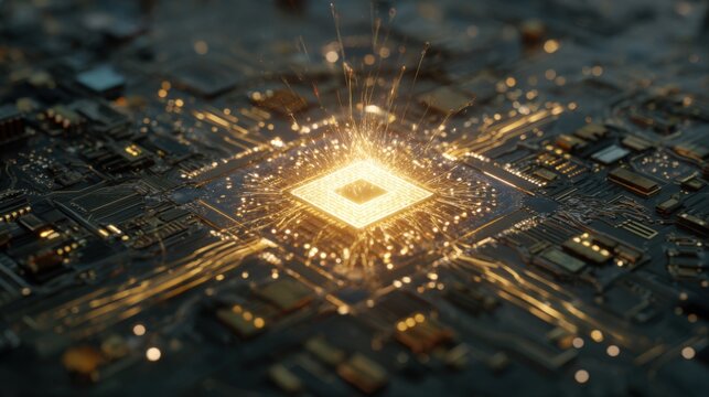 Futuristic CPU Microchip Glowing on Motherboard with Golden Data Signals and Energy Bursts. Powerful Central Processing Unit and Circuitry for Artificial Intelligence and High Tech Computing Concept - Powered by Adobe