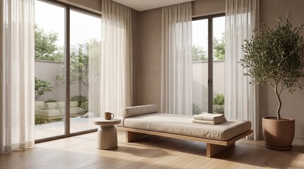 Fototapeta premium A bright room features large windows letting in sunlight. A bed is placed near the windows with a small table and a plant nearby. This setting shows a view of greenery outside.