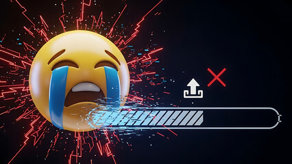 Crying laughing emoji with tears of joy on face, shocked expression, red lightning bolts exploding behind, uploading progress bar failing with error symbol