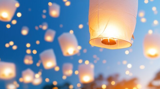 Lanterns floating into the sky at night time lanterns balloon.