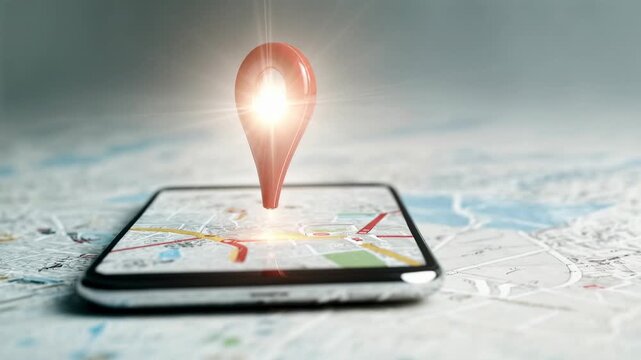 Map pointer on smartphone screen  local search, delivery tracking and travel planning concept