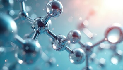 3D molecular structure with shiny chrome balls and connecting rods. Abstract scientific model with blurred bokeh background. Futuristic science or chemistry concept.