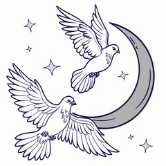 Obraz premium A serene illustration depicts two white doves in flight accompanied by a crescent moon and sparkling stars evoking peace and tranquility