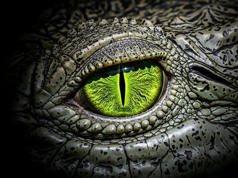 Macro Close up of a Green Crocodile Eye. Generative Ai