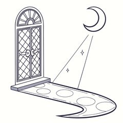 an ornate arched window opens onto a moonlit scene with a pathway evoking mystery and quiet contemplation