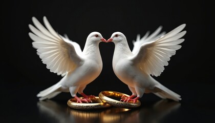 Obraz premium Two white doves with open wings stand on golden wedding rings. The birds symbolize love unity and marriage against a dark background. This image is perfect for wedding invitations.