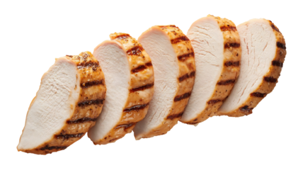 Delicious healthy protein rich diet meal poultry white meat sliced grilled chicken breast food, isolated on transparent background