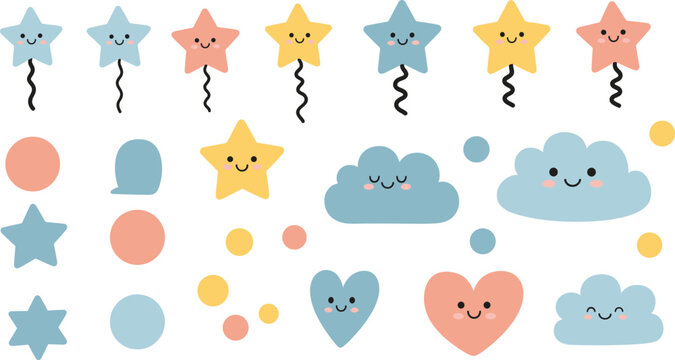 Cute cartoon balloon and shape collection with smiling stars, clouds, hearts, and circles in pastel vector artwork